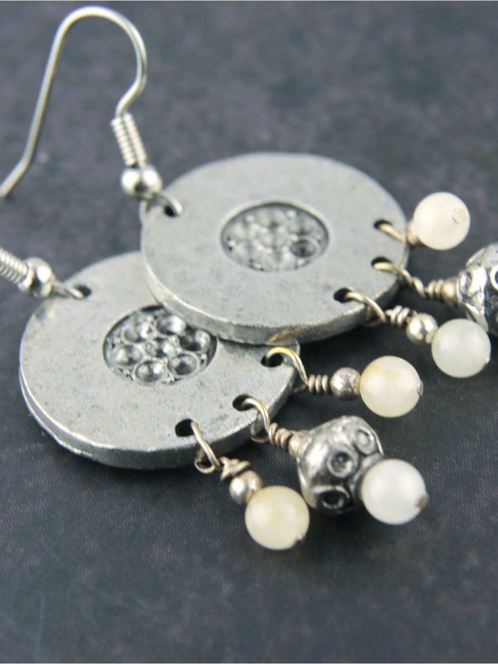 Handmade Silver-Tone Disc Earrings with Cream Pearl Accents